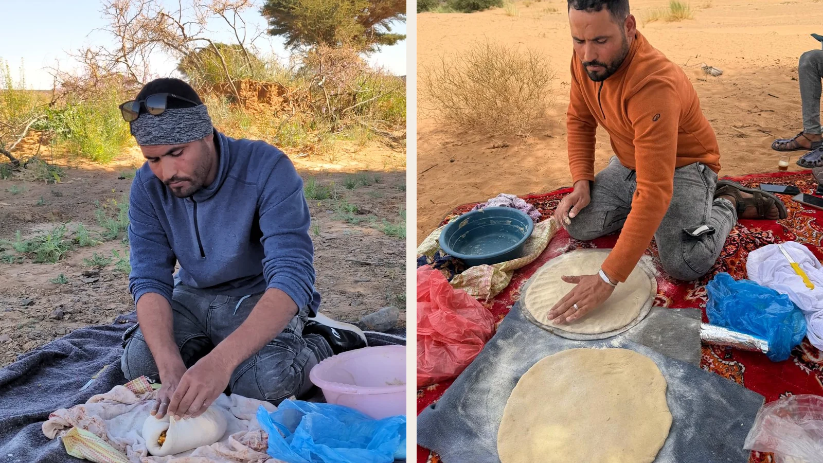 Mohamed preparing traditional Madfouna Berber pizza outdoors in Merzouga